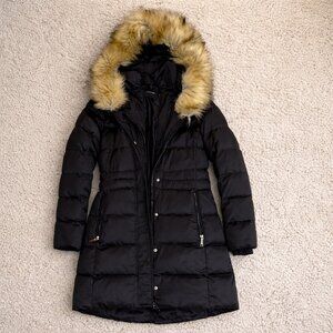 T Tahari Women's Black Faux Fur Trim Hooded Puffer Coat Size XS